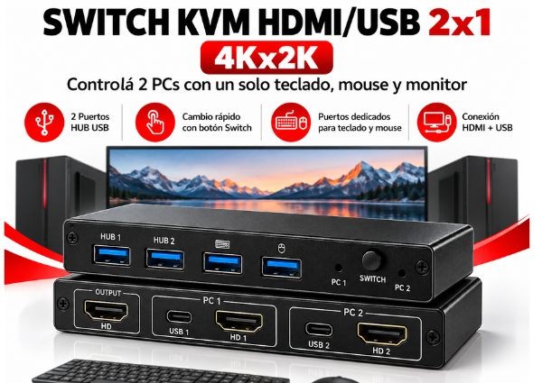&ua SWITCH KVM HDMI 2X1 4K USB HUB (7332)